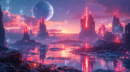 Fototapeta premium mystical alien planet landscape at dusk with towering crystalline structures, a serene lake, and a glowing moon