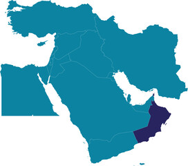 Purple detailed blank political map of OMAN with white borders on transparent background using orthographic projection of the marine blue Middle East