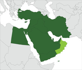 Obraz premium Light green detailed blank political map of OMAN with black borders on gray continent background and white sea surfaces using orthographic projection of dark green Middle East