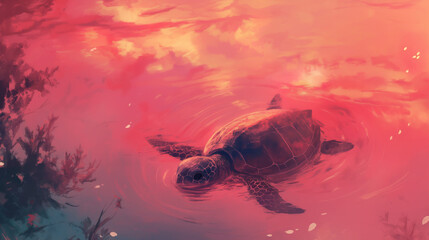 Tartaruga em um lago ao por do sol rosa - Ilustração