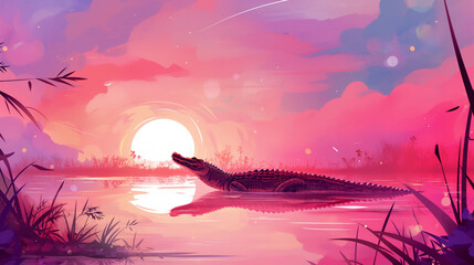Jacaré em um lago ao por do sol rosa - Ilustração - obrazy, fototapety, plakaty