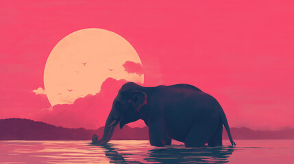 Elefante em um lago ao por do sol rosa - Ilustração - obrazy, fototapety, plakaty
