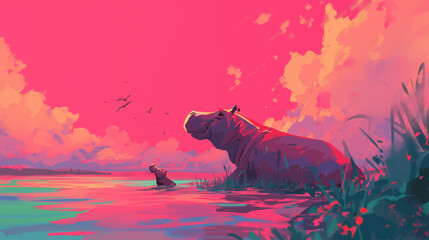 Hipopótamo em um lago ao por do sol rosa - Ilustração  - obrazy, fototapety, plakaty