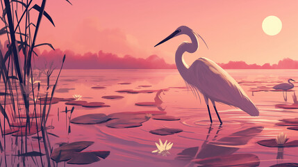 Garça em um lago ao por do sol rosa - Ilustração - obrazy, fototapety, plakaty