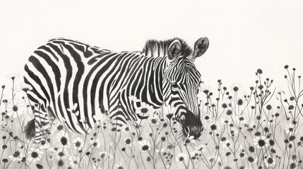 Fototapeta na wymiar Zebra em um campo florido - Ilustração simples