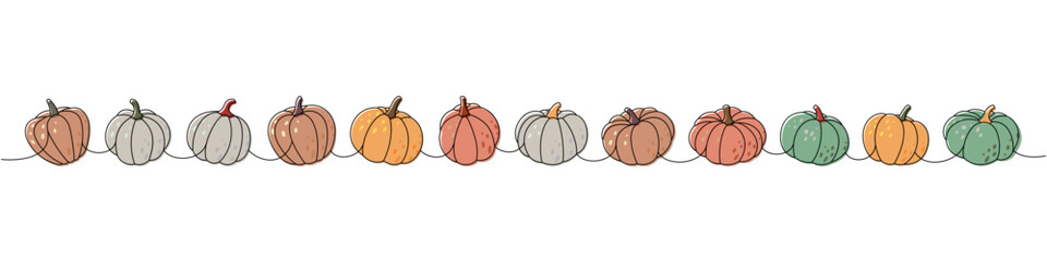 Pumpkins. Autumn pumpkins one line colored continuous drawing. Autumn halloween vegetables continuous one line illustration. Vector illustration.