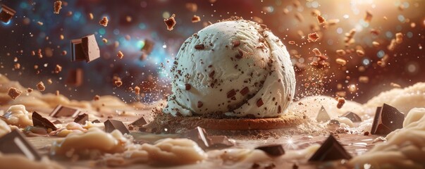 An imaginative composition featuring an ice cream planet with a cookie crust, orbiting through a galaxy of chocolate chunks and sprinkled stardust