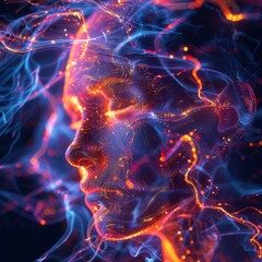 Abstract visualization of a virtual mind, intertwining intelligence and innovation, neon essence
