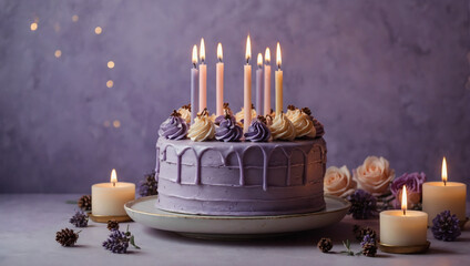 Festive cake with  seven candles, placed on a soothing pastel lavender background, providing room for custom greetings.