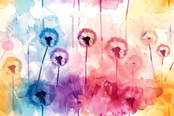 Fotobehang Watercolors of dandelion flowers, seamless pattern tile. © DYNECREATIVE