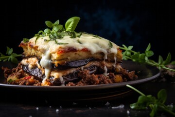 Exquisite moussaka on a rustic plate against a dark background