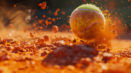 Red and orange clay interacting with a tennis ball in flight