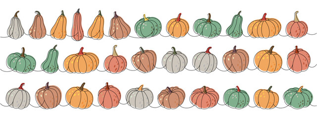 Pumpkins. Autumn pumpkins one line colored continuous drawing. Autumn halloween vegetables continuous one line illustration. Vector illustration.