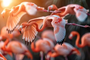 Flock of flamingos taking flight. With a burst of energy, flamingos lift off, their wings carrying them to new heights, a sight to behold.