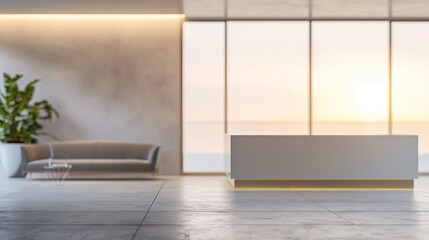 Modern reception area with a blurred background, emphasizing a minimalist reception desk