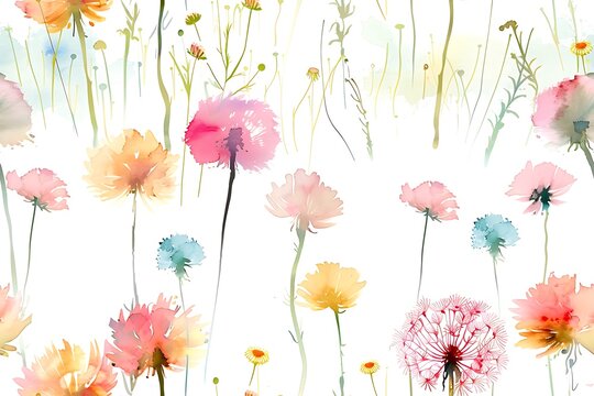 Watercolors of dandelion flowers, seamless pattern tile.