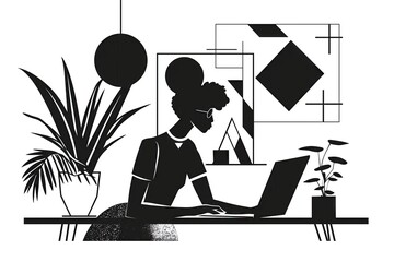 Black and white illustration of a focused woman working on a laptop at a modern desk. concept of productivity and minimalist decor - 780717160
