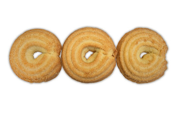 Three round cookies isolated on a white background.