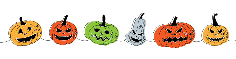 Pumpkins scary faces set. Autumn halloween pumpkins faces one line colored continuous drawing. Halloween vegetables continuous one line illustration.