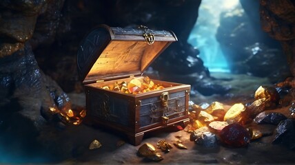 In the pirate cave, there is an ancient wooden chest filled with gold coins and treasure on a white background.