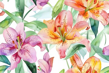 Watercolors of lily flowers, seamless pattern tile.