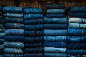 Aerial view of stacked jeans in a manufacturing facility. Concept Manufacturing process, Denim production, Industrial setting, Stacked jeans, Aerial perspective