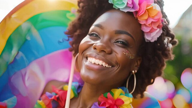 Radiant woman with vibrant makeup holding rainbow flag at pride festival. Diversity and happiness concept
