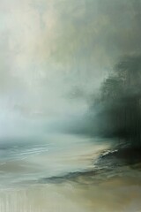 abstraktes Gemälde einer skandinavischen Landschaft mit Meer und Strand, dramatische Stimmung mit Wolken, Regen und Gewitter, Hintergrund für Krimi oder Thriller - obrazy, fototapety, plakaty