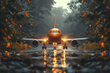 A commercial airplane awaits on a rainy runway, with warm lights glowing in a misty environment
