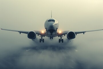 Frontal view of a commercial airplane with its headlights on, piercing through foggy dusk atmosphere on a runway - obrazy, fototapety, plakaty