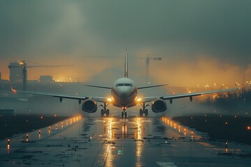 A commercial jet grounded on a wet runway, lit by surrounding lights against a rainy dawn backdrop - obrazy, fototapety, plakaty