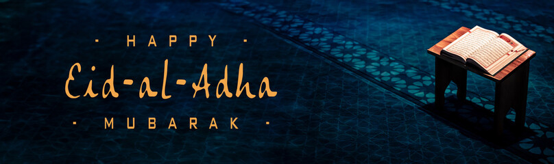 Eid al-Adha Mubarak greeting featuring an open Qur'an on a stand with intricate shadows.