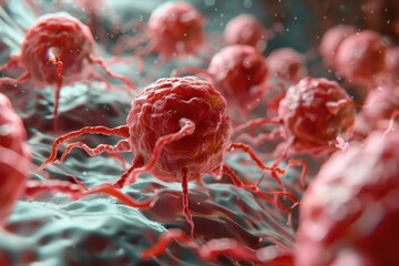 A digital illustration showing cancer cells with extended tendrils in a predominantly red micro-environment