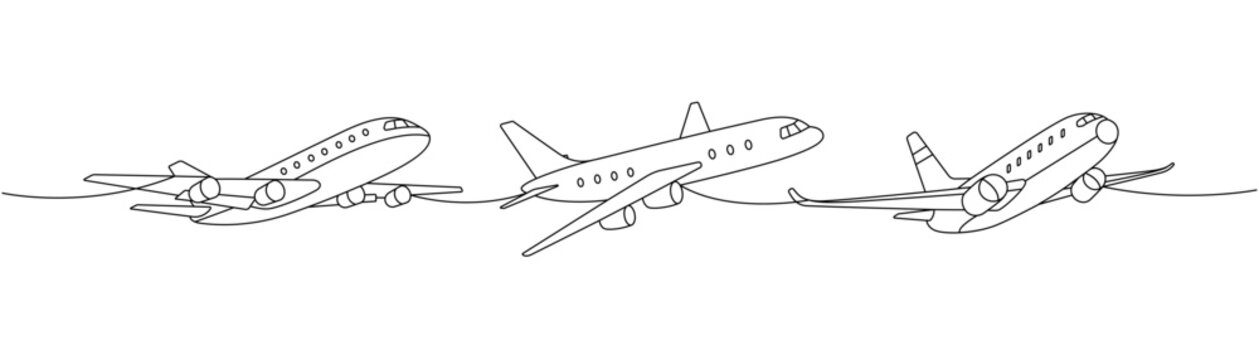 Aircraft set. Passenger airplanes one line continuous drawing. Different air transport continuous one line illustration. Vector illustration