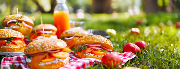 Summer picnic spread with fresh bagels and orange juice amidst a lush green background.