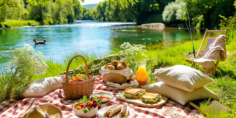 Summer picnic with a basket of bread, pastries, and fruits on a red checkered cloth next river.