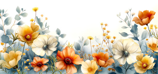  Warm Floral Watercolor banner.  A colorful flower field