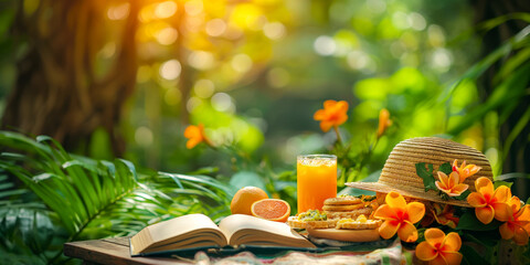 Summer retreat with a refreshing drink, fruits, and a book on a wooden table in a tropical setting.