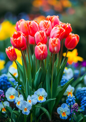 Vibrant Tulips and Mixed Spring Flowers in Garden Setting. Celebration spring holiday Easter, Spring Equinox day,