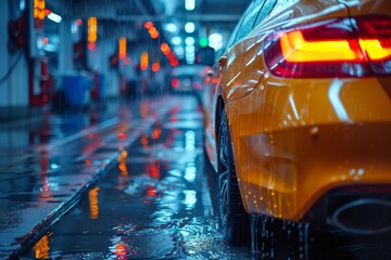 The gleaming orange of the sports car contrasts the blue wet scene of the night time car wash