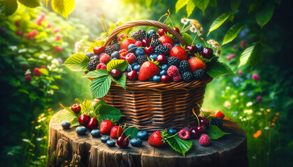 Harvest of different fresh berries in basket on wooden stump surrounded summer flowers and plants. Healthy food concept, gardening