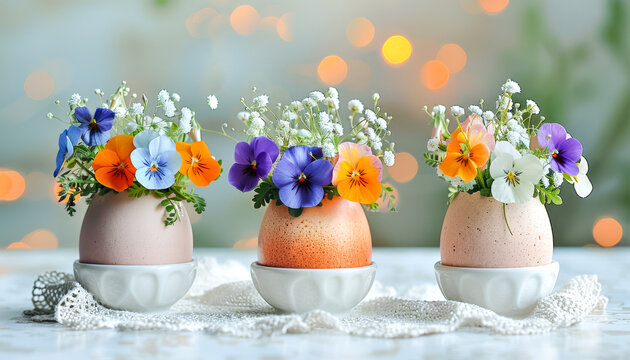 Fresh Spring Flowers in Eggshell Vases. Celebration spring holiday Easter, Spring Equinox day, Ostara Sabbat.