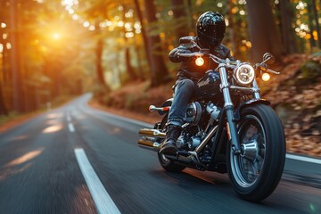 A motorcyclist in full gear cruises on a road surrounded by a beautiful forest bathed in the golden light of the setting sun