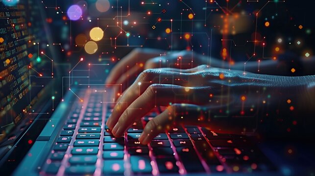 Closeup hands coding on a laptop keyboard, highlighting digital innovation