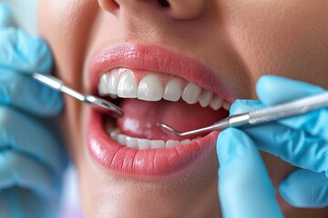 A close-up view of a dental examination with shiny dentist tools inspecting pearly white teeth