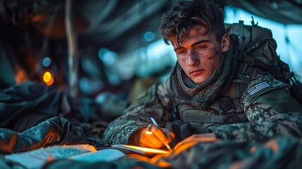 A soldier writing a letter home by flashlight in a field tent, revealing the personal sacrifices of military life - obrazy, fototapety, plakaty