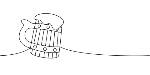 Beer wooden mug one line continuous drawing. Beer pub products continuous one line illustration. Vector linear illustration.