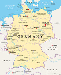 Germany, officially the Federal Republic of Germany, political map. Country in Central Europe with capital Berlin. Consisting of 16 constituent states. Map with borders, capitals, and largest cities. - 780720319
