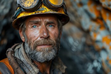 Fototapeta premium A compelling portrait of a mature miner with a full beard and deep set eyes, wearing a dirty hardhat and reflective safety goggles
