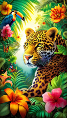 Fototapeta premium A colorful jungle scene with a leopard, birds and flowers. Concept of peace and tranquility in the midst of nature